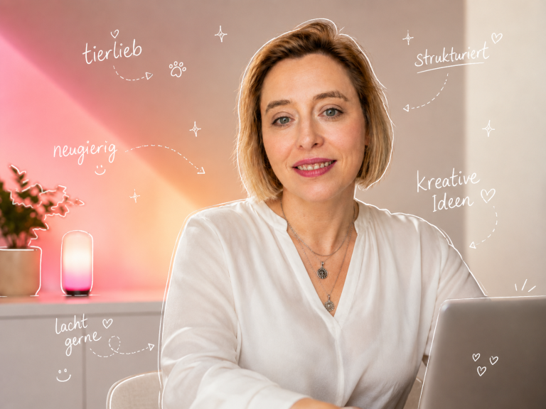 Manuela, Inhaberin von Klein KI sitzt in einem modernen Raum an einem Laptop und arbeitet.